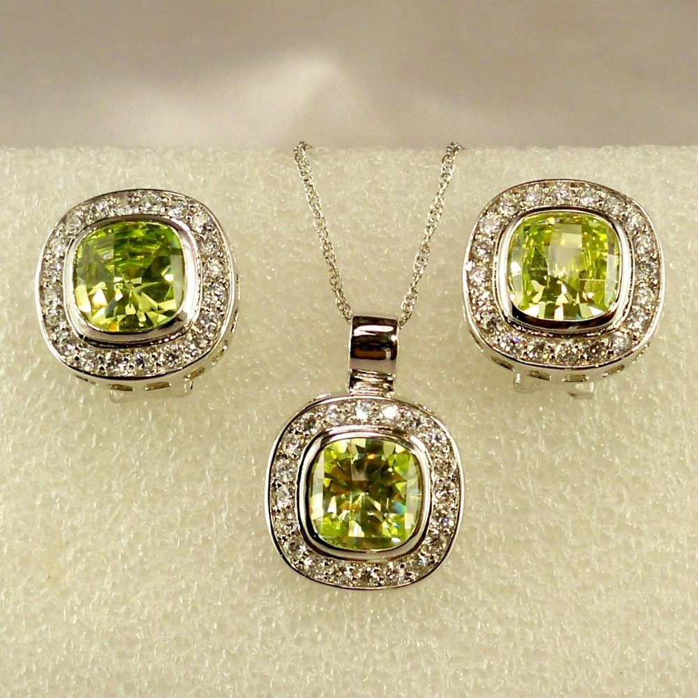 NEW Charles Winston Yellow Green Doublet CZ Silver Necklace, Earrings
